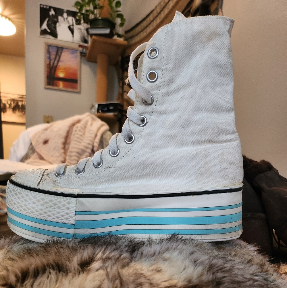 White and Blue Platform Canvas Sneakers